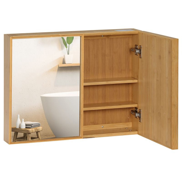 kleankin Badschrank mit Spiegeltüren, mehrere Innenfächer, robustes Gehäuse aus Bambusholz, 65,2 x 14 x 50 cm, 834-515V00ND