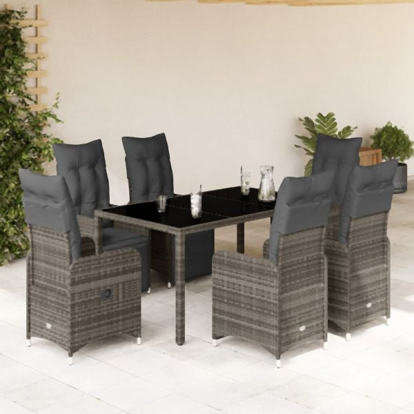 vidaXL 7-tlg. Garten-Bistro-Set mit Kissen Grau Poly Rattan, 3277168