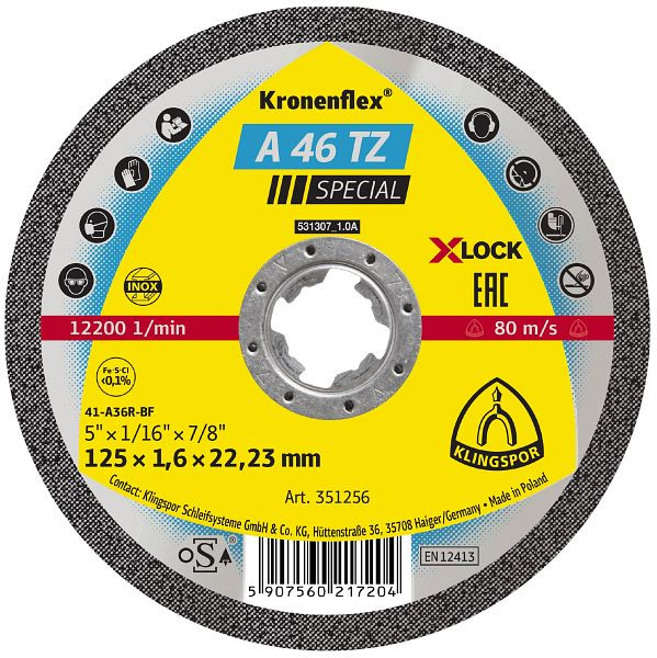 Klingspor A 46 TZ Trennscheiben X-LOCK, 125 x 1,6 x 22,23 mm gerade, VE: 25 Stück, 351256