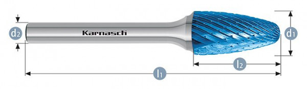 Karnasch Hartmetall-Frässtift Blue-Tec beschichtet RBF/ HP-1 d1=8 / l2=20 / d2=6 / l1=65mm, VE: 2 Stück, 115057035