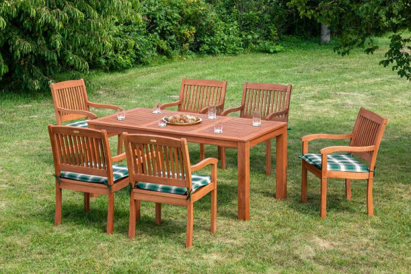 Merxx Maracaibo Set 13-teilig, 6 Maracaibo Sessel, 6 Wendeauflagen, grün kariert / grün uni, 1 Tisch 170 x 90 cm, FSC Eukalyptusholz, 50051-100