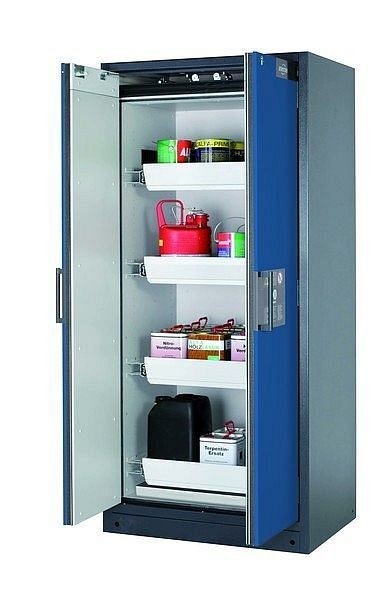 asecos Sicherheitsschrank Q-CLASSIC-90, Q90.195.090 in enzianblau RAL 5010 mit 4x Auszugswanne Standard (Stahlblech), 30041-047-30053