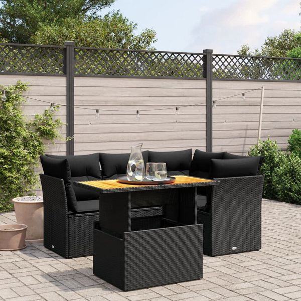 vidaXL 5-teilig Garten-Sofagarnitur mit Kissen Schwarz Poly Rattan, 3270810