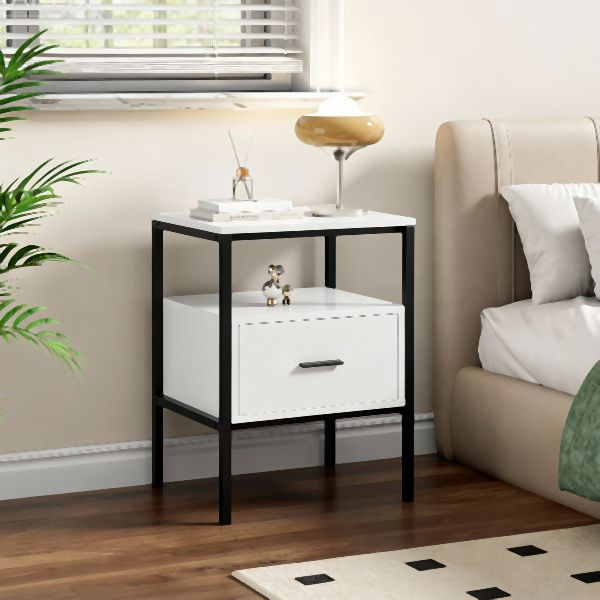 HOME NATURE WOHNKONZEPT Nachttisch Weiß 48x40x66,3cm, 1 Schublade & Offenes Fach, Schwarzes Metallgestell, Moderner Nachtschrank, YQ0291
