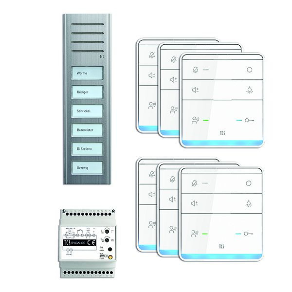 TCS Türkontrollsystem audio:pack AP für 6 Wohneinheiten, mit Außenstation ASX 6 Klingeltasten, 6x Freisprecher ISW5010, Steuergerät BVS20, PSX2360-0000
