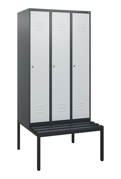 C+P Umkleidespind Classic PLUS, mit untergebauter Sitzbank, 3 Abteile, 1950x900x815mm, 7016/7035, Zylinderschlösser, 0800505-30 S10058