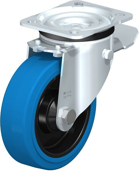 Blickle LK-POEV 125KD-1-ST-SB Stahlblech-Lenkrolle, schwere Ausführung, mit Anschraubplatte & Feststeller, Elastik-Vollgummi, Blau, 851092