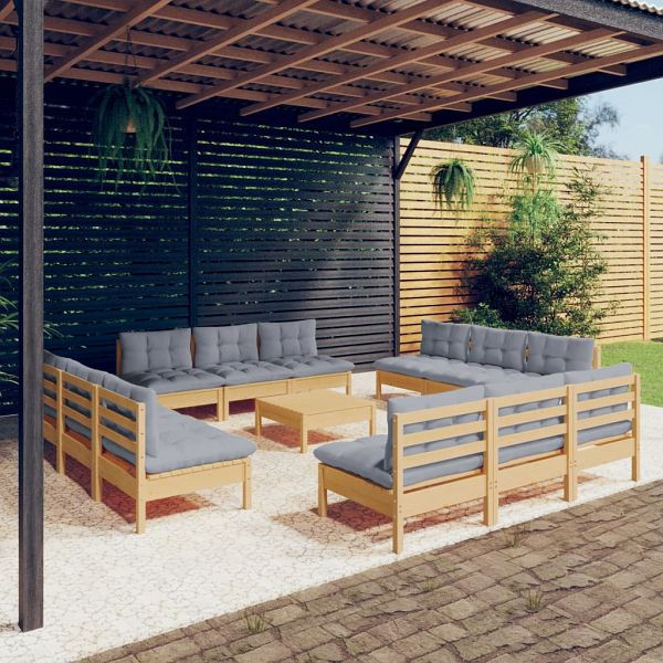 vidaXL 13-teilig Garten-Lounge-Set mit Grauen Kissen Kiefernholz, 3096051