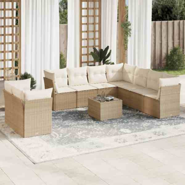 vidaXL 10-tlg. Garten-Sofagarnitur mit Kissen Beige Poly Rattan, UV-beständig, 3217848