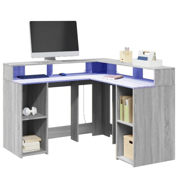 vidaXL LED-Schreibtisch Grau Sonoma 130x130x91 cm Holzwerkstoff, 3309452