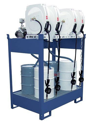 DENIOS Ölstation EPO-4, Wanne, 4 elektrische Fasspumpen, Schlauchaufroller 10 m, 201604