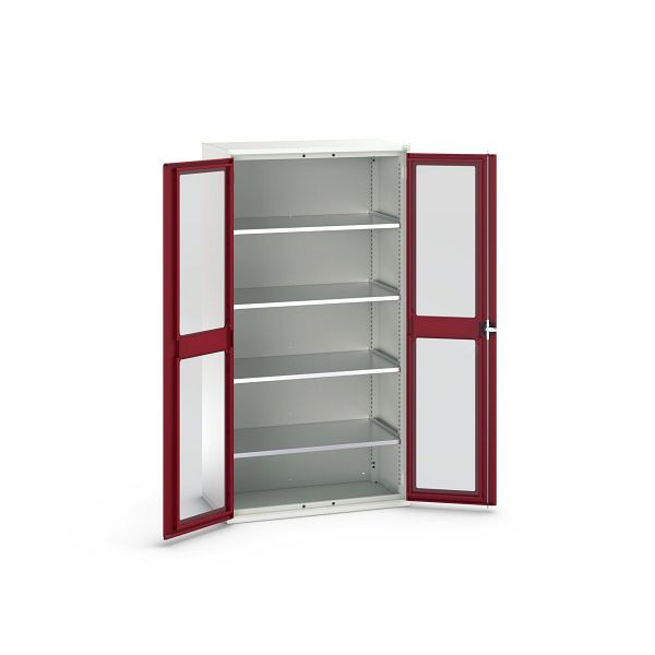 bott verso Flügeltürschrank mit Sichtfenster, mit 4 Fachböden, BxTxH: 1050 x550 x 2000 mm, Lichtgrau / Purpurrot, 16926277.24