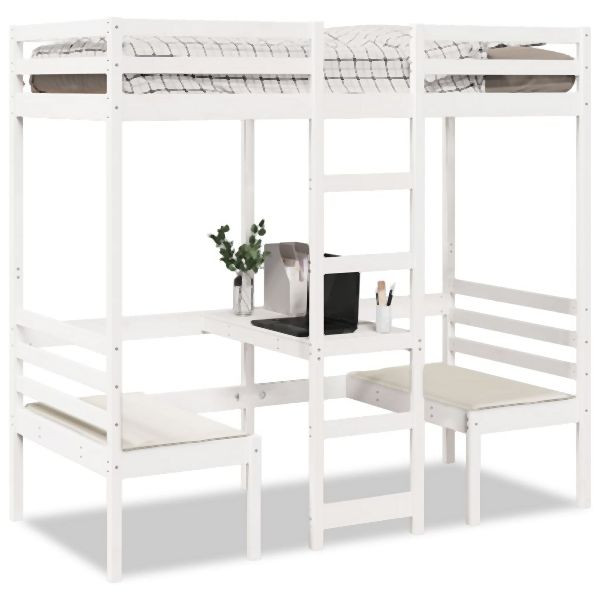 vidaXL Hochbett mit Schreibtisch & Stühlen Weiß 90x200 cm Kiefernholz, 3308554