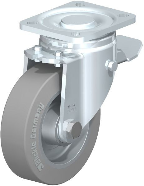Blickle LH-ALEV 125K-1-ST-SG Stahlblech-Lenkrolle, Schwerlast-Ausführung, mit Anschraubplatte & Feststeller, Elastik-Vollgummi, Grau, 363846