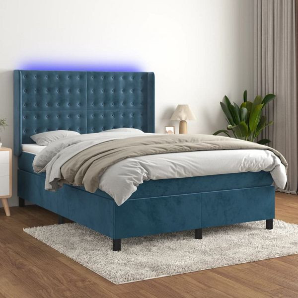 vidaXL Boxspringbett mit Matratze & LED Dunkelblau 140x200 cm Samt, 3139809