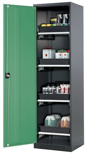 asecos Chemikalienschrank Systema-T CS-54L, Korpus anthrazit, Flügeltüren grün, 4 Tablarauszüge, 208884