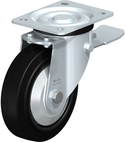 Blickle L-POEV 160XKA-ST-FA Stahlblech-Lenkrolle, mittelschwere Ausführung, mit Anschraubplatte & Feststeller, Elastik-Vollgummi, Schwarz, 850676