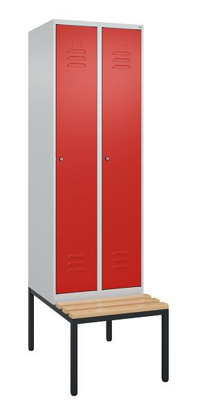 C+P Umkleidespind Classic PLUS mit Mitteltrennwand, Bank, 2 Abteile, 2120x600x815mm, 7035/3020, Zylinderschlösser, Buche-Sitzleisten, 0800507-20F S10085