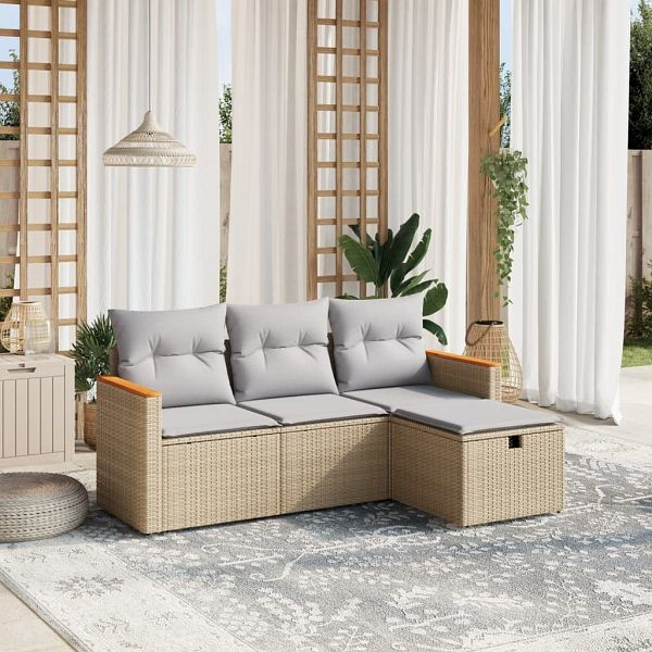 vidaXL 4-teilig Garten-Sofagarnitur mit Kissen Beigemischung Poly Rattan, 3265273