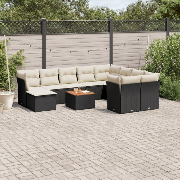 vidaXL 11-tlg. Garten-Sofagarnitur mit Kissen Schwarz Poly Rattan, 3223970