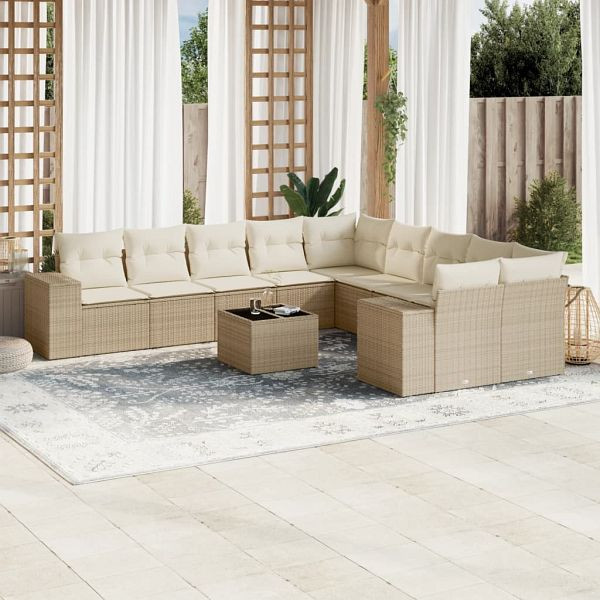 vidaXL 11-teilig Garten-Sofagarnitur mit Kissen Beige Poly Rattan, 3255455