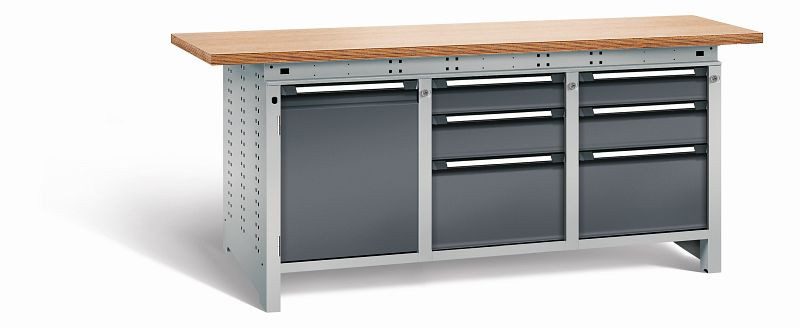 Otto Kind Werkbank Serie function Typ 311, Multiplexplatte 40 mm, überstehend, 2x Unterbau + mittleres Feld, Gehäuse RAL 9006, Front RAL 7016, 07236624S