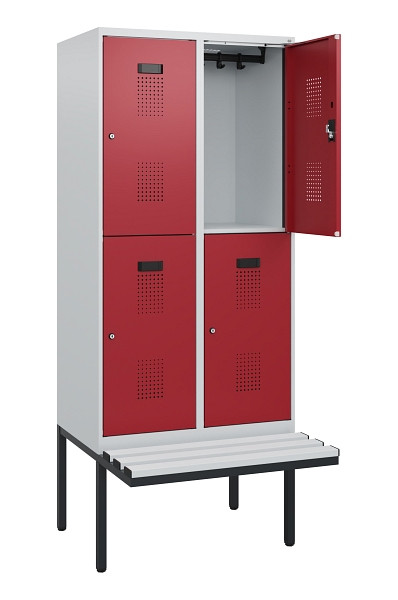 C+P Doppelstock-Spind Evolo PLUS, Bank, 4 Fächer, 1950x800x815mm, 7035/3003, Zylinderschloss, Sitzfläche Kunststoff, 0493405-22 S10139