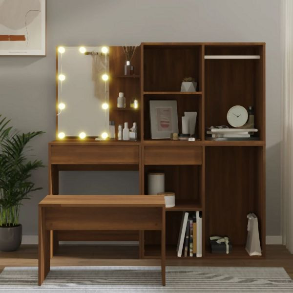 vidaXL Schminktisch-Set mit LED Braun Eichen-Optik Holzwerkstoff, 3114106