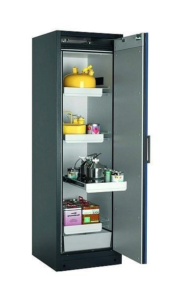 asecos Sicherheitsschrank Q-CLASSIC-90, Q90.195.060.R in enzianblau RAL 5010 mit 3x Auszugswanne Standard (Stahlblech), 30073-047-33422