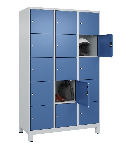 C+P Schließfachschrank Evolo PLUS, mit Füßen, 15 Fächer, 1950x1200x500mm, 7035/5023 Fernblau, 049010-325 S10008
