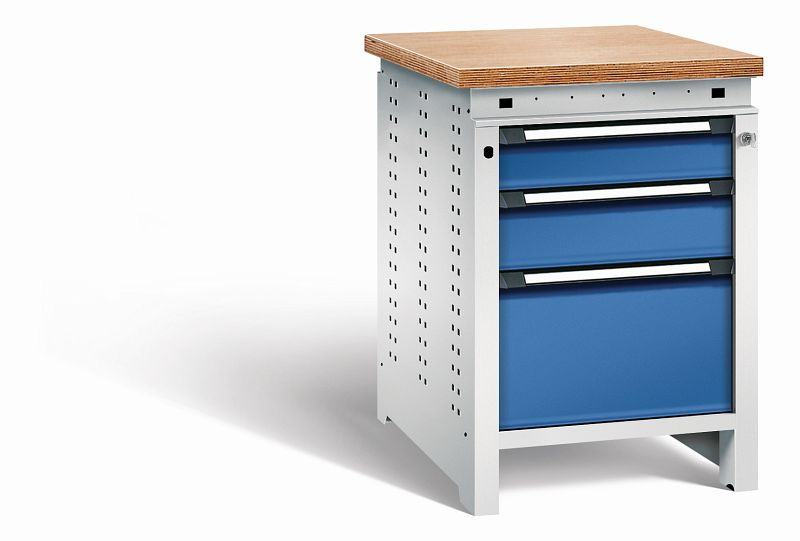 Otto Kind Werkbank Serie function Typ 106, Multiplexplatte, bündig, 3 Schubladen, mit Zentralverschluss, Gehäuse RAL 7035, Front RAL 5010, 072323186