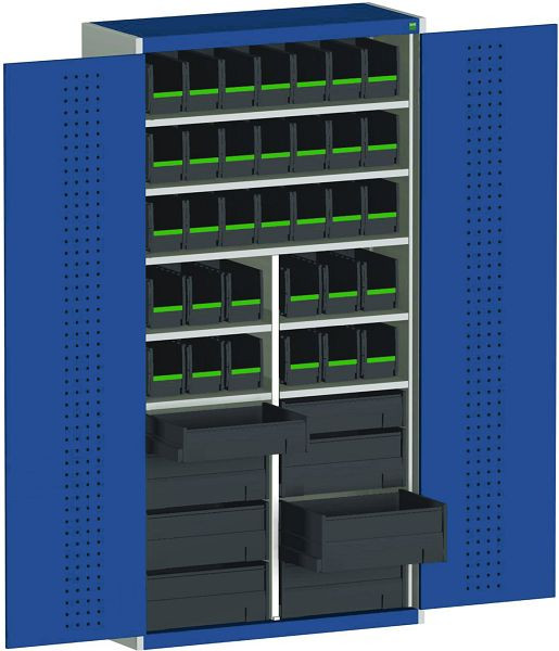 bott cubio Koffer-Flügeltürschrank bestückt 8 varioSlide, 7 Fachböden, 33 bottBoxen B x T x H: 1050 x 400 x 2000 mm, RAL 7035/3004, 40032020.24V