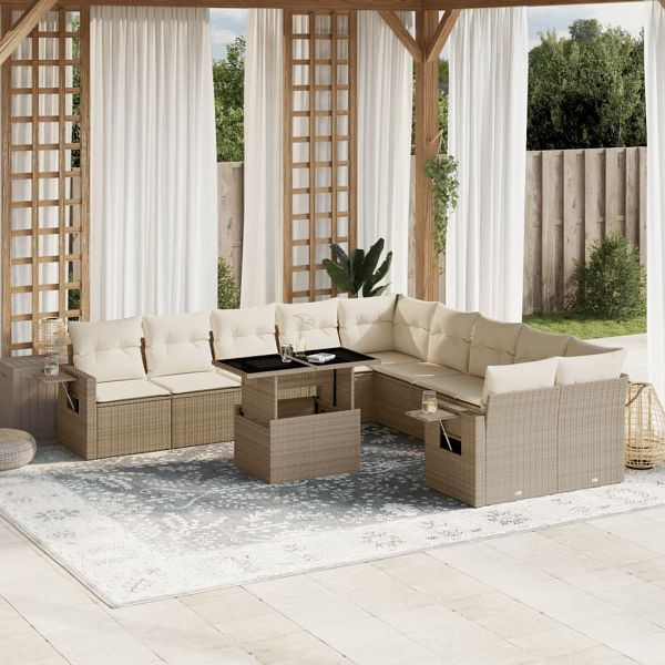 vidaXL 11-teilig Garten-Sofagarnitur mit Kissen Beige Poly Rattan, 3268168