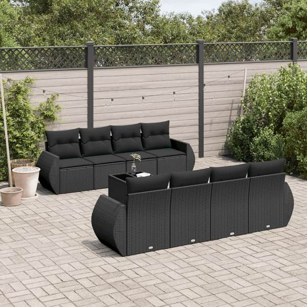 vidaXL 9-tlg. Garten-Sofagarnitur mit Kissen Schwarz Poly Rattan, UV-beständig, 3221144