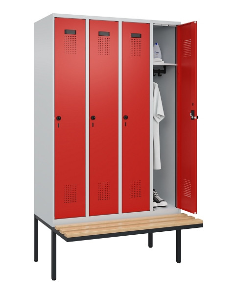 C+P Spind Evolo PLUS, 4 Abteile, 2120x1200x815mm, 7035/3020, Haken 3, Drehriegel, Sitzfläche Holz, 0490407-40 S10005