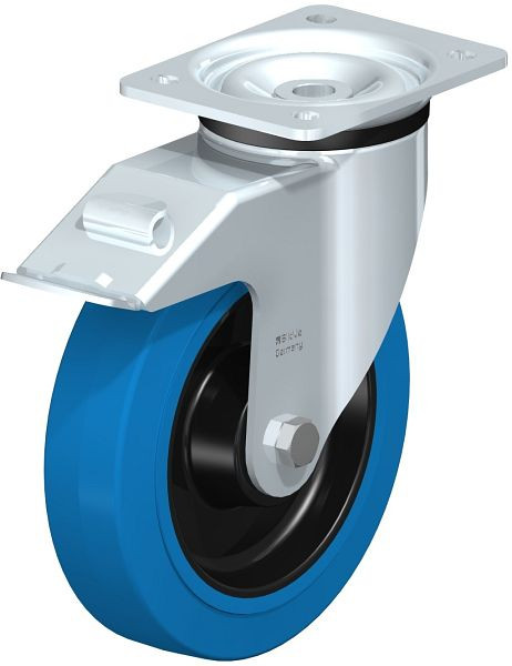 Blickle LK-POEV 200K-FI-SB Stahlblech-Lenkrolle, schwere Ausführung, mit Anschraubplatte & Feststeller, Elastik-Vollgummi, Blau, 733972