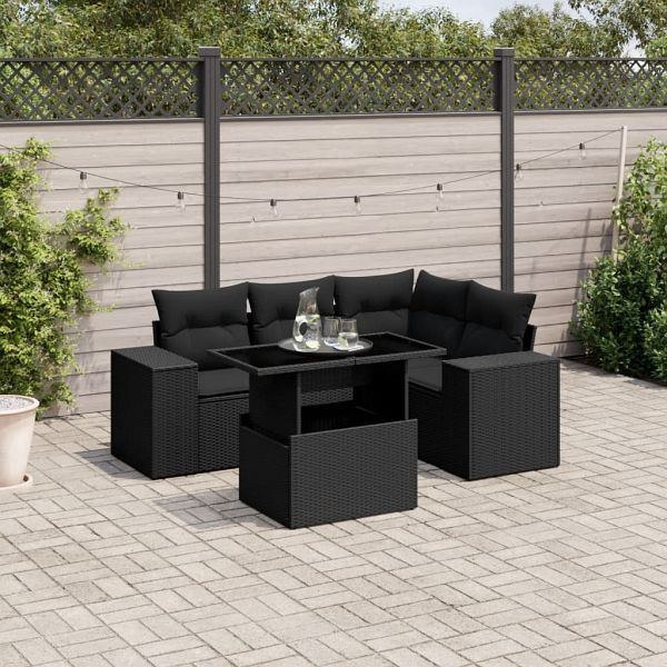 vidaXL 5-teilig Garten-Sofagarnitur mit Kissen Schwarz Poly Rattan, 3269135