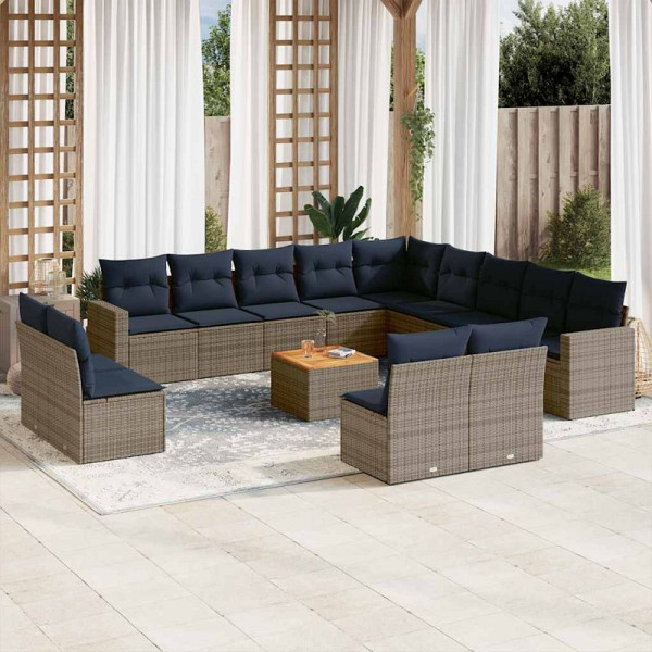 vidaXL 14-teilige Garten-Sofagarnitur mit Kissen Grau Poly Rattan, 3256712