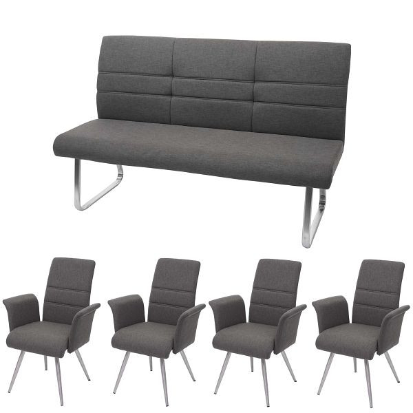 Mendler Set 4x Esszimmerstuhl+Sitzbank HWC-G55, Bank Küchenstuhl Stuhl+Armlehne, Stoff/Textil Edelstahl, grau-braun Bank 160cm, 71707+2x71709