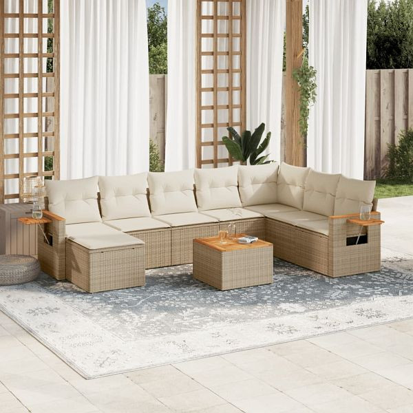 vidaXL 9-teilig Garten-Sofagarnitur mit Kissen Beige Poly Rattan, 3227094