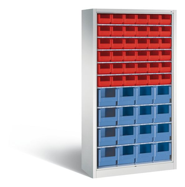 C+P Stahlregal mit Rückwand Serie 13, H1980xB1000xT420 mm, Grau, 8 Einlegeböden, 46 Sichtlagerkästen, 133144-05 S10002