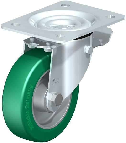 Blickle LK-ALST 125K-3-ST Stahlblech-Lenkrolle, schwere Ausführung, mit Anschraubplatte & Feststeller, Blickle Softhane®, Grün, 659060