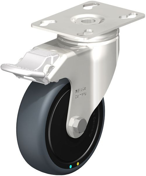 Blickle LKPXA-TPA 101KD-FI-ELS-FK Edelstahl-Apparate-Lenkrolle mit Anschraubplatte & Feststeller, Thermoplastisches Gummi-Elastomer, Grau, 624650