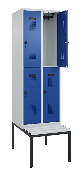C+P Doppelstock-Spind Evolo PLUS, Bank, 4 Fächer, 2120x600x815mm, 7035/5010, Drehriegel, Sitzfläche Kunststoff, Sitzbank, 0493507-20 S10087