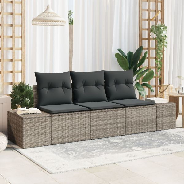 vidaXL 3er Garten Sofa Set mit Kissen Grau Poly Rattan, 3355588
