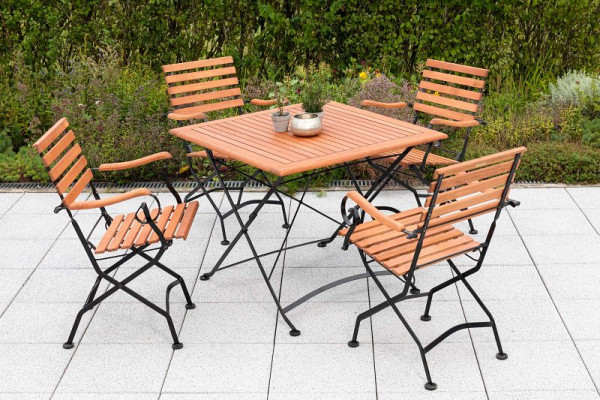 Merxx Schlossgarten Set 5-teilig, 4 Schlossgarten Klappsessel, 1 Schlossgarten Klapptisch, 90 x 90 cm, Flachstahl mit FSC Eukalyptusbelattung, 50143-217