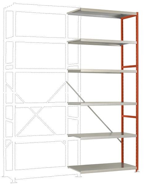 Manuflex Mittelschweres Fachboden-Steckregal Anbauregal mit 6 Stahlböden, HxBxT = 2500 x 1000 x 300 mm, rotorange, RP1417.2001