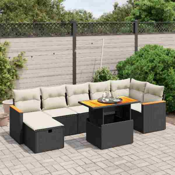 vidaXL 8-tlg. Garten-Sofagarnitur mit Kissen Schwarz Poly Rattan, UV-beständig, 3276045
