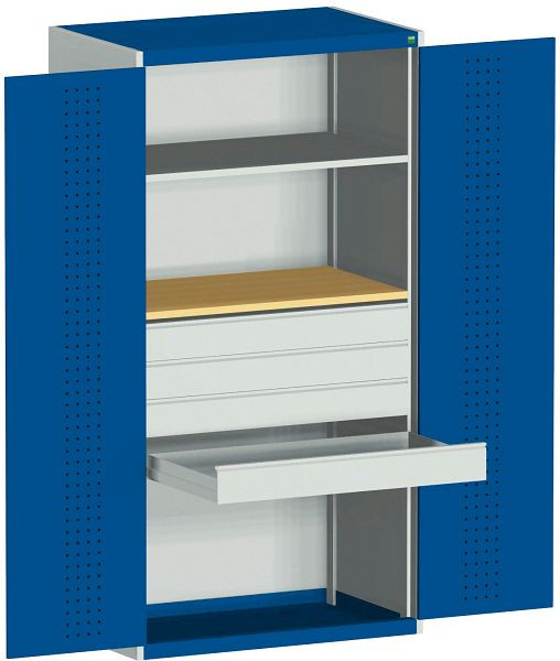 bott cubio Flügeltürschrank bestückt 4 Schubladen, 1 Fachboden, 1 Multiplexplatte BxTxH: 1050 x 650 x 2000 mm, RAL 7035/5010, 40021236.11V