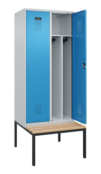 C+P Spind Evolo PLUS, 2 Abteile, 2120x800x815mm, 7035/5012, Haken 4, Zylinderschloss, Sitzfläche Buche-Hartholz, Sitzbank, Trennwand, 0490507-22F S10034